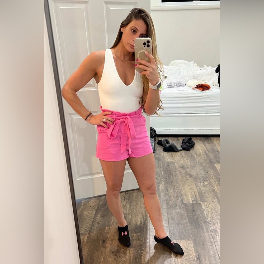 Lulus NWT Friendship Bright Pink Paperbag Waist Shorts, Size XS - Picture 11 of 15